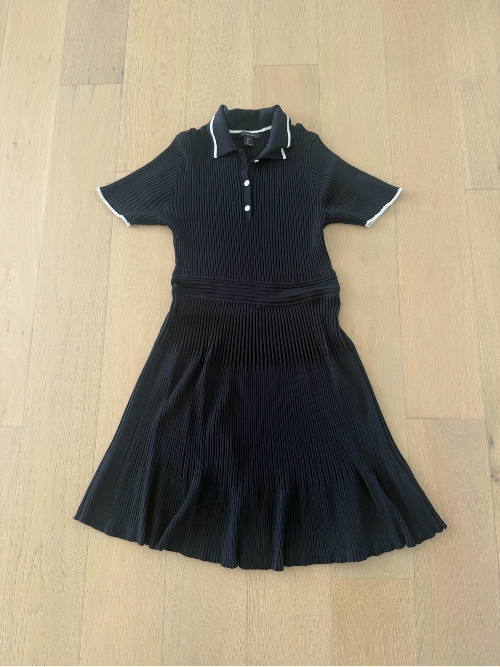 Tahari Navy Pleated Polo Dress with White Trim